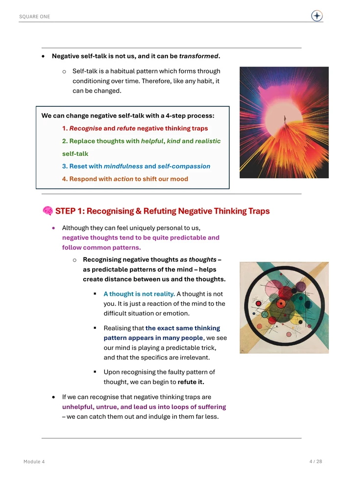 Negative self-talk is not us, and it can be transformed., original Module 4 course notes page 4