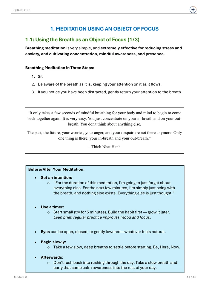 1.1: Using the Breath as an Object of Focus (1/3), original Module 6 course notes page 11
