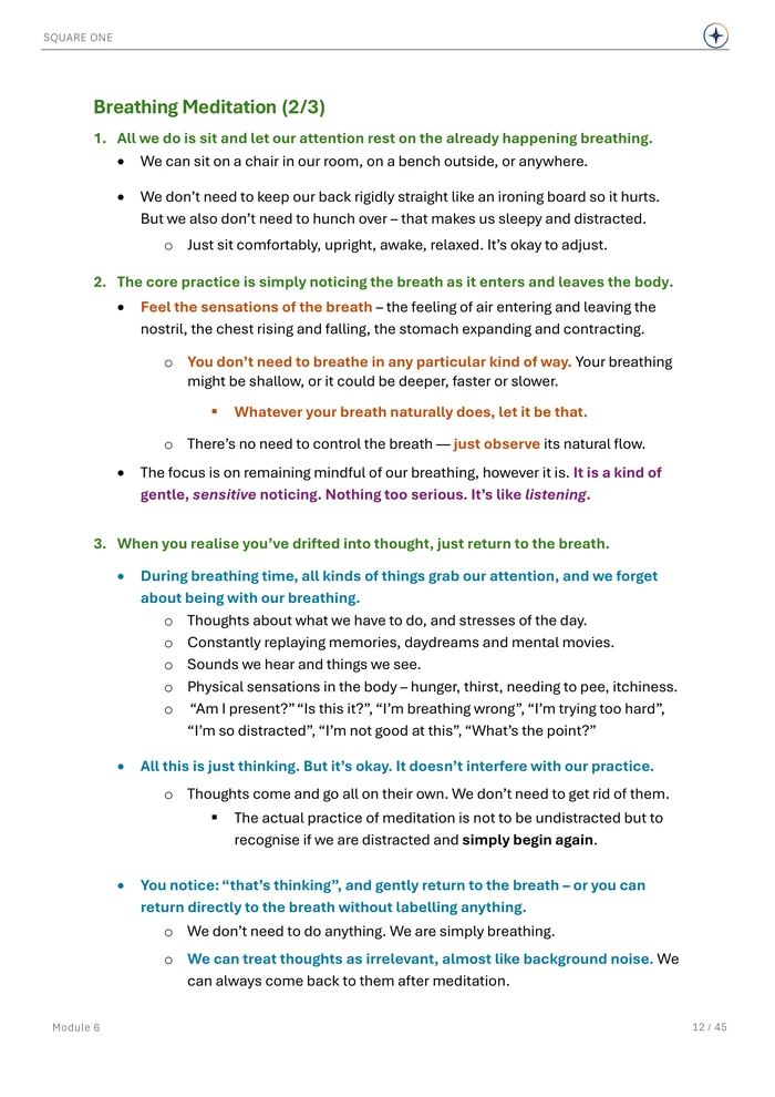 Breathing Meditation (2/3), original Module 6 course notes page 12